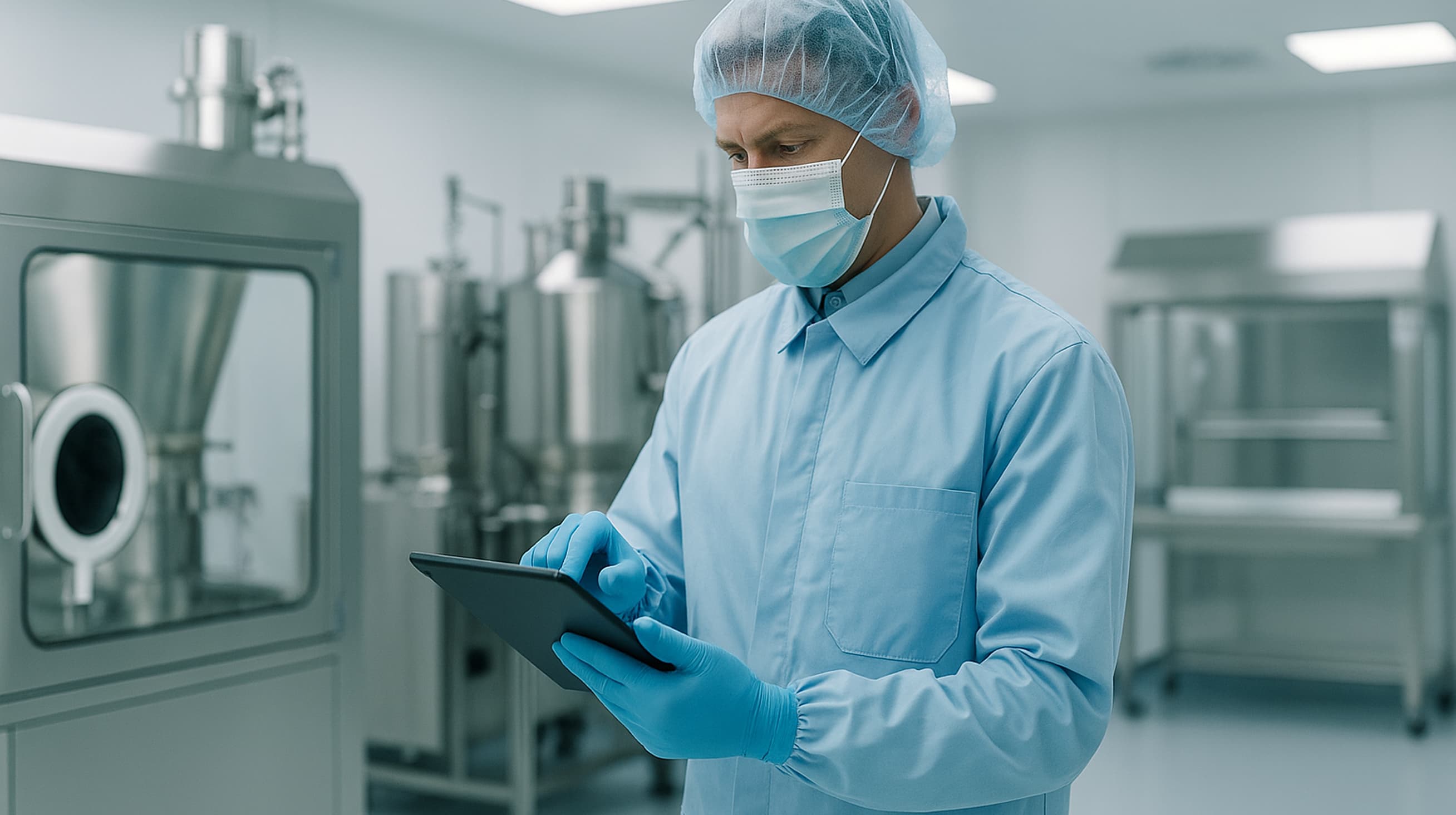Pharmaceutical compliance professional in cleanroom environment